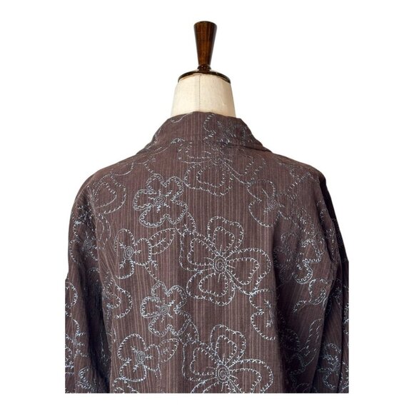 Flax Blazer Women Small Brown Blue Floral Embroidery Corduroy Chore Coat - Picture 4 of 11